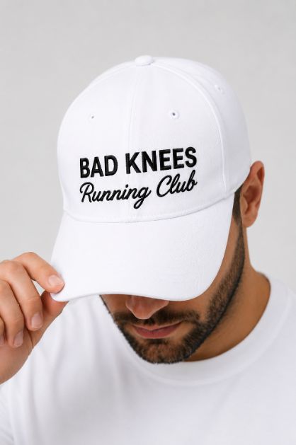 "Bad Knees Running Club" on White Cap