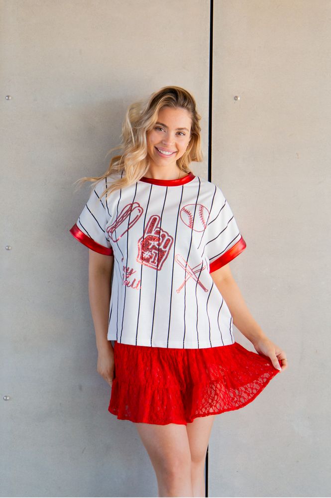 Basball Glitter Elements on White Striped Top