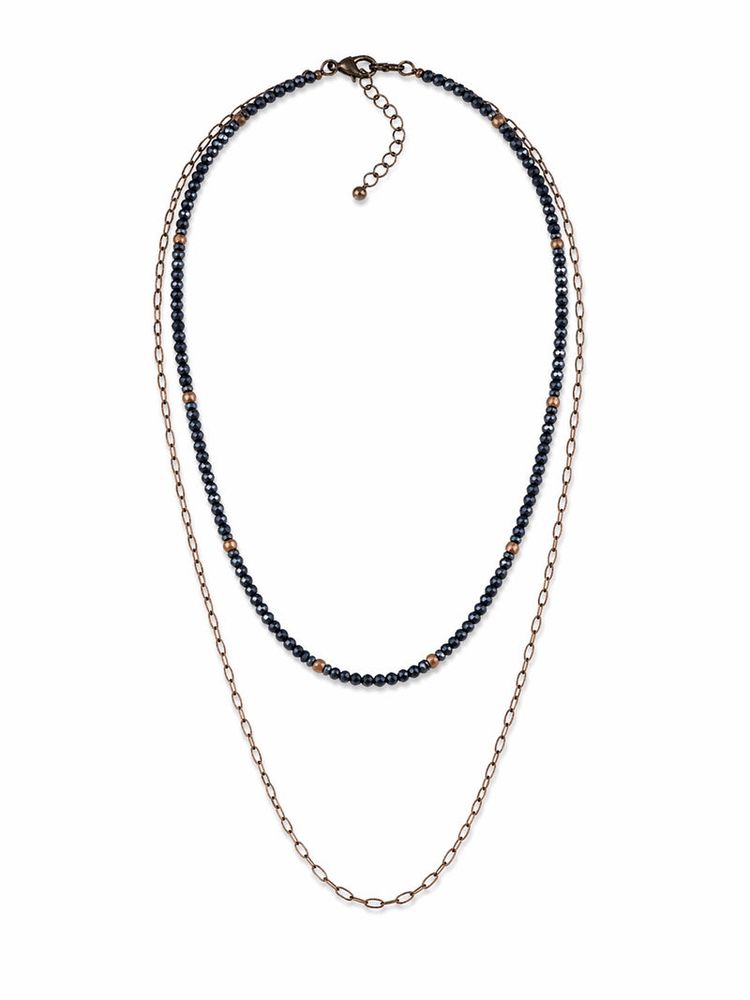 Glitz, Glam, Simple Strands Double Beaded Navy Blue Necklace with A Gold Chain