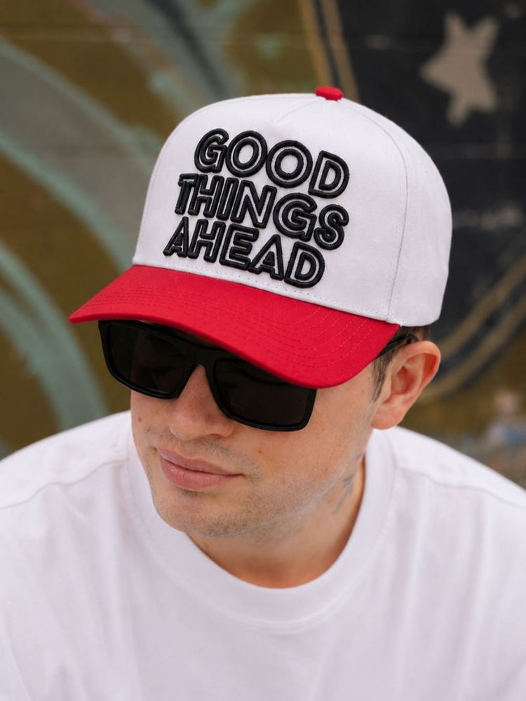 "Good Things Ahead" on White Cap with Red Bill