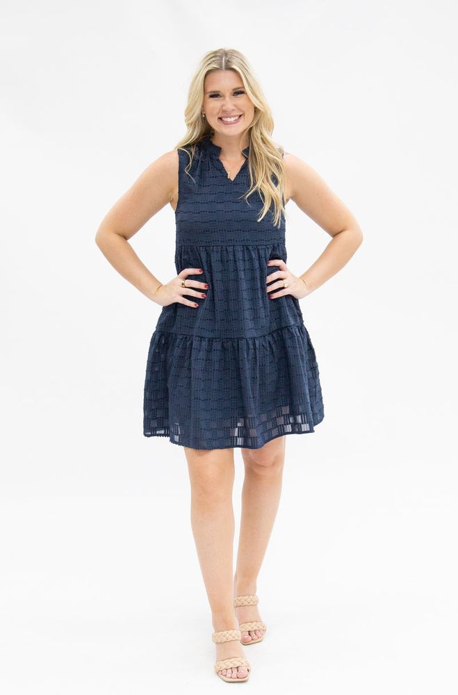 Sleeveless Tiered Dress, Navy Checkered
