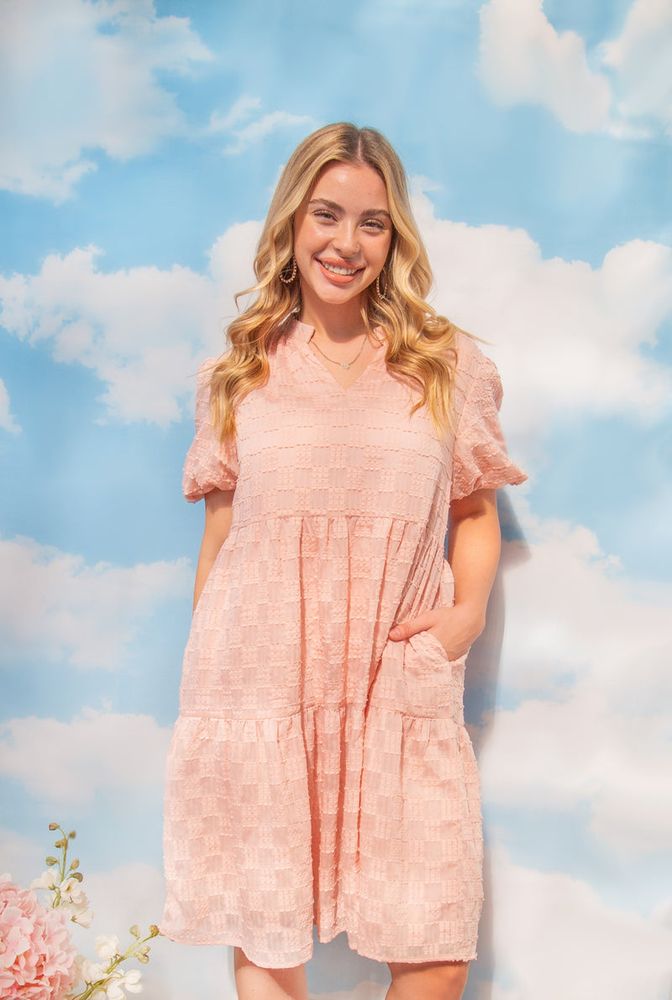 V-Neck Checkered Dress, Pink