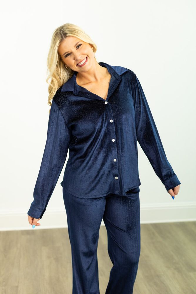 Velvet Button-Up Top, Navy